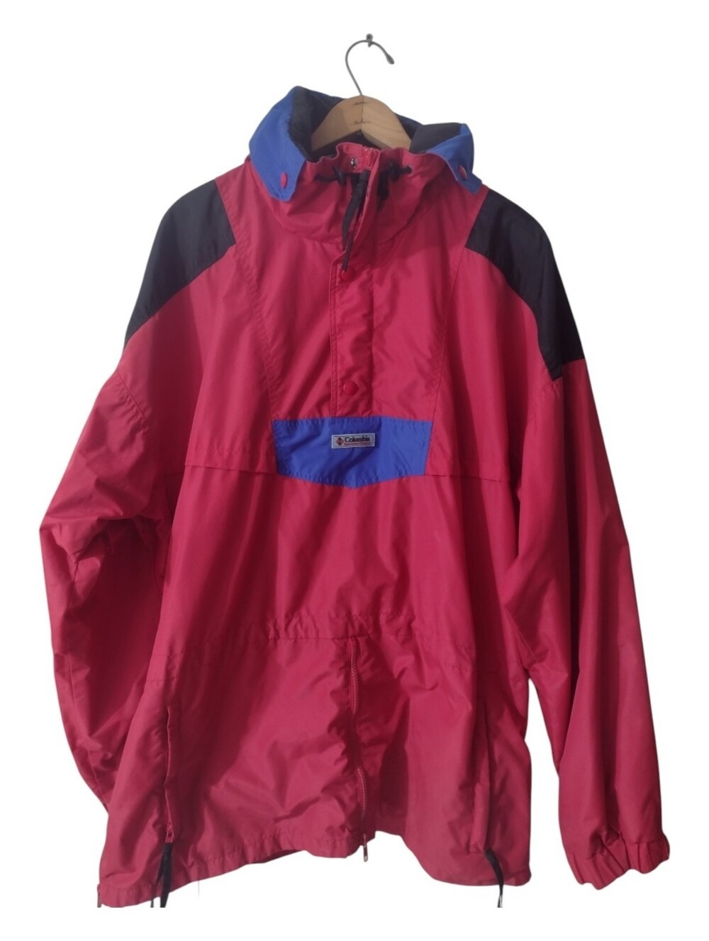 1990's Columbia Red Pullover Windbreaker with Hood and Black Accents.